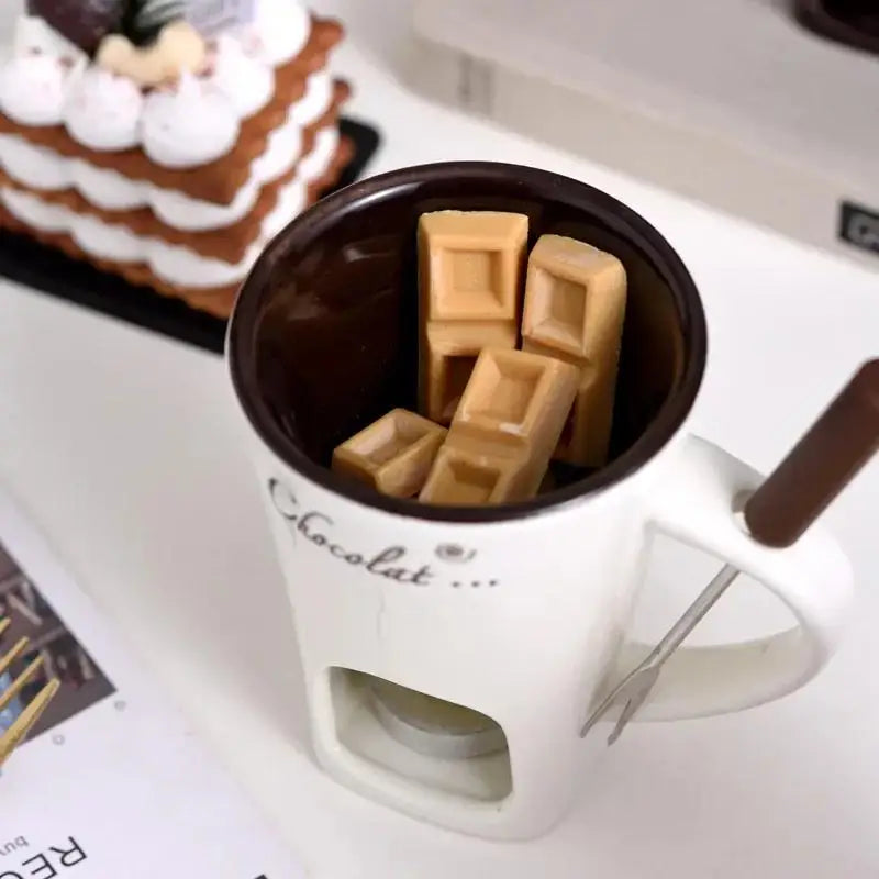 European Candle Cup Cheese Chocolate Melting Ceramic Mug Heating Food Ceramic Mug with Fork Creative Coffee Mug Tableware