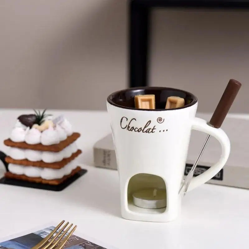 European Candle Cup Cheese Chocolate Melting Ceramic Mug Heating Food Ceramic Mug with Fork Creative Coffee Mug Tableware