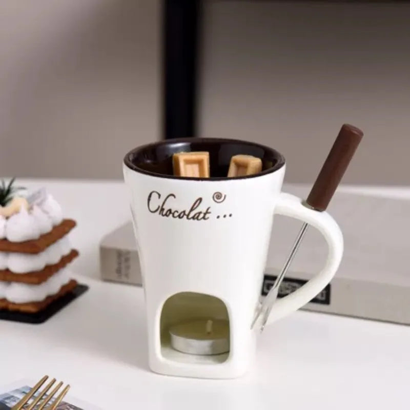 Chocolate Fondue Cup with Fork Tea Candle Fondue Set 130ml Ceramic Melting Chocolate Cup Cheese Butter Melting Cup