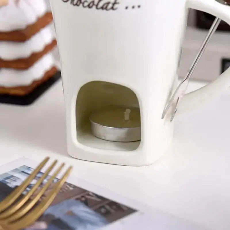 European Candle Cup Cheese Chocolate Melting Ceramic Mug Heating Food Ceramic Mug with Fork Creative Coffee Mug Tableware