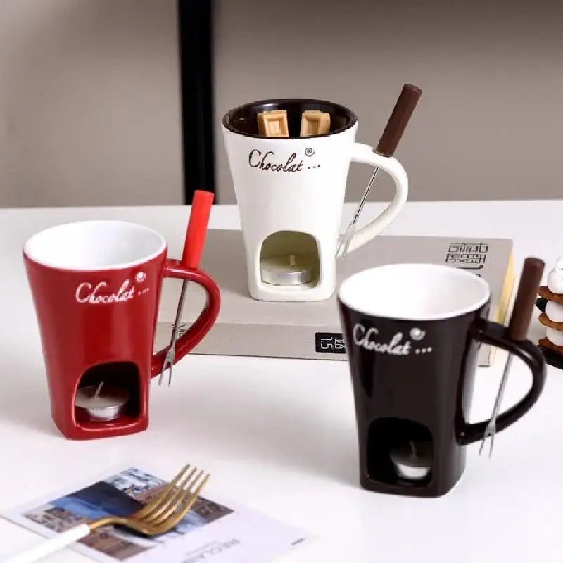 European Candle Cup Cheese Chocolate Melting Ceramic Mug Heating Food Ceramic Mug with Fork Creative Coffee Mug Tableware