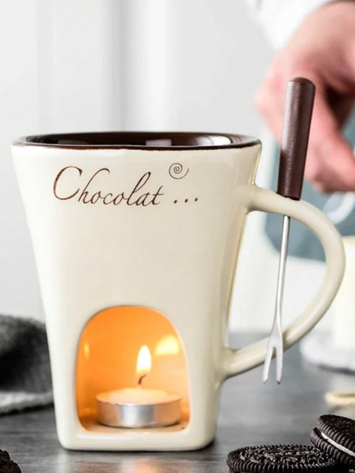 Chocolate Fondue Cup with Fork Tea Candle Fondue Set 130ml Ceramic Melting Chocolate Cup Cheese Butter Melting Cup