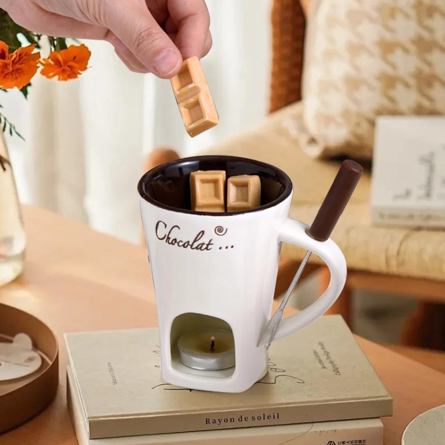 Chocolate Fondue Cup with Fork Tea Candle Fondue Set 130ml Ceramic Melting Chocolate Cup Cheese Butter Melting Cup
