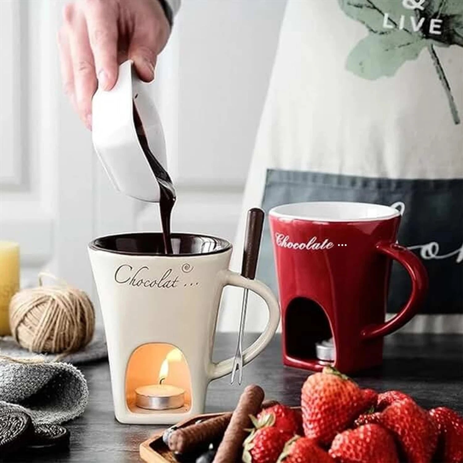 Chocolate Fondue Cup with Fork Tea Candle Fondue Set 130ml Ceramic Melting Chocolate Cup Cheese Butter Melting Cup